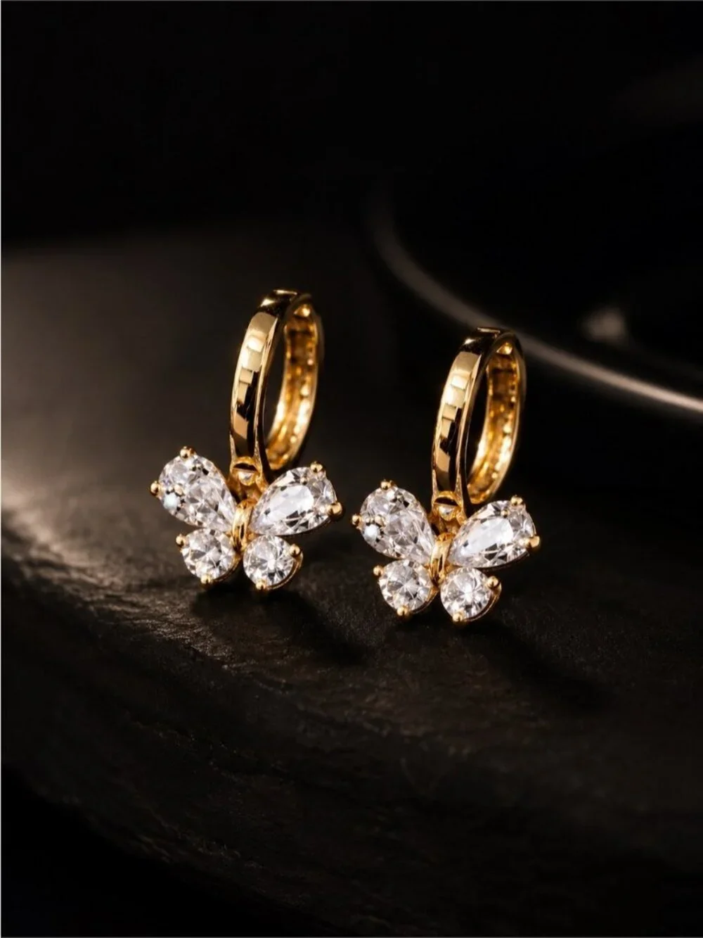 Gold Butterfly Hoop Earrings with Clear Crystals